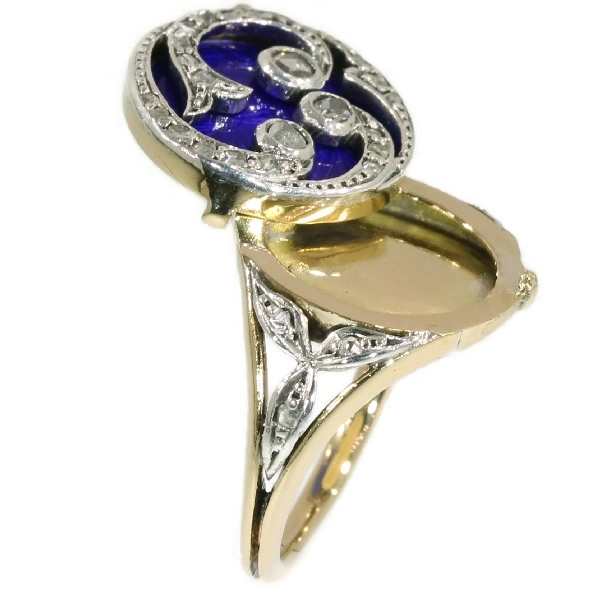 Victorian poison ring with blue enamel and rose cut diamonds with hidden place (image 14 of 18)